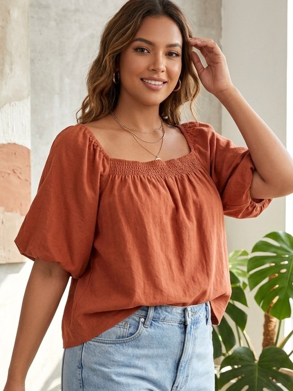 Sanctuary Smocked Square Neck Puff Sleeve Top - Rust
